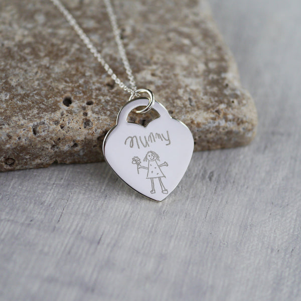 Children's Drawing Heart Necklace Personalised Gift Doodle