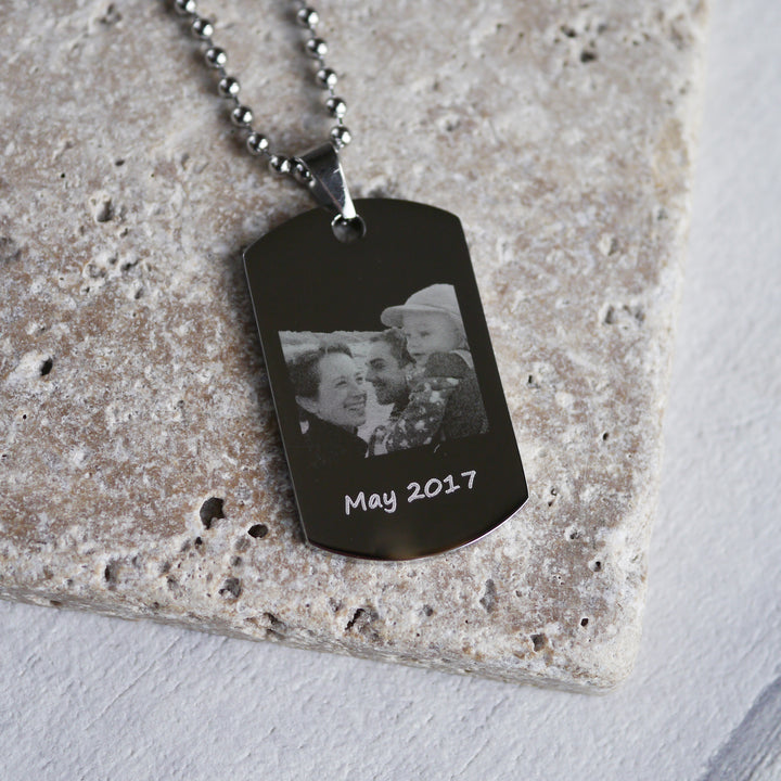 Personalised photo engraved dog tag necklace