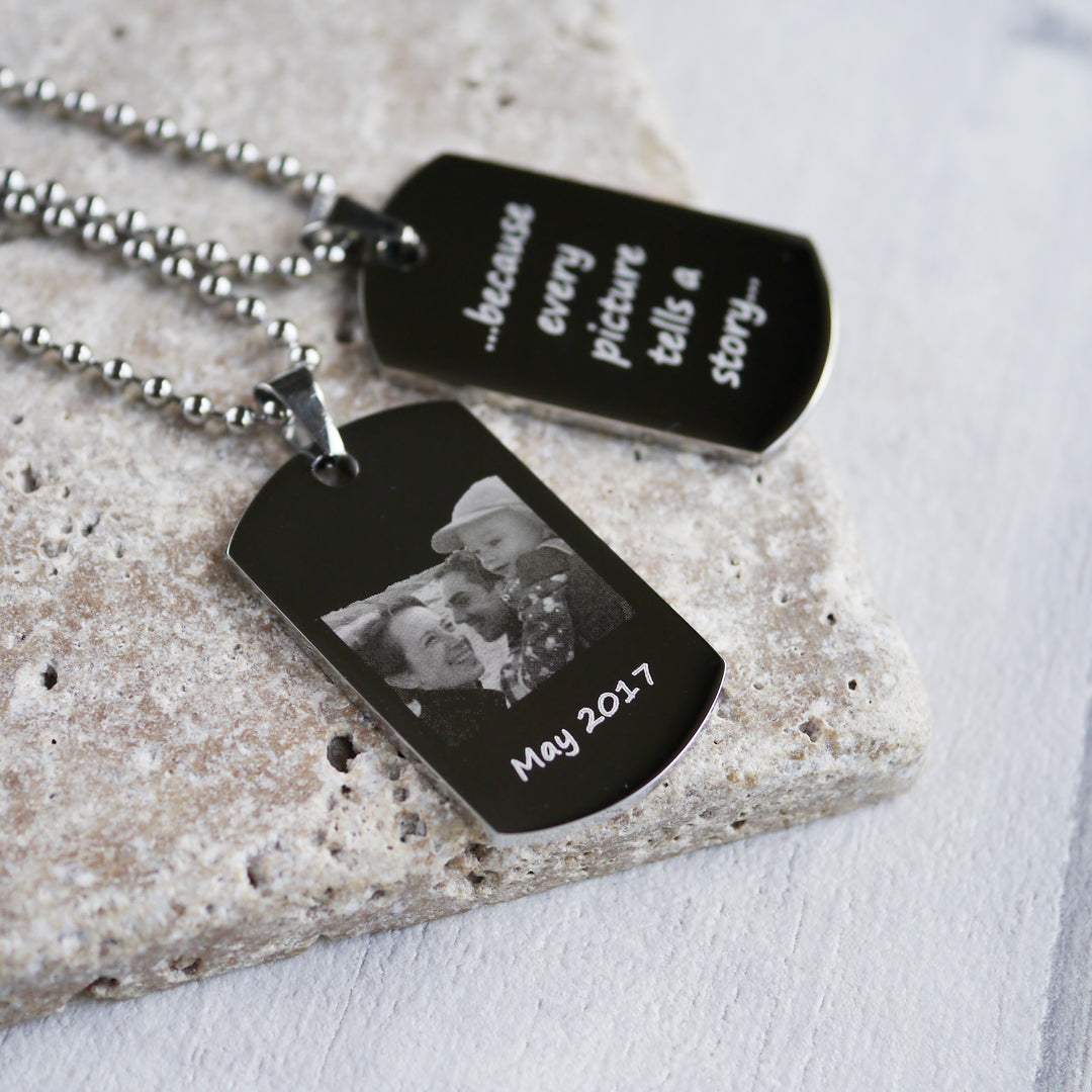 Personalised photo engraved dog tag necklace