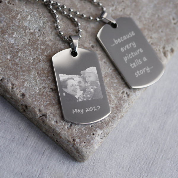 Personalised photo engraved dog tag necklace