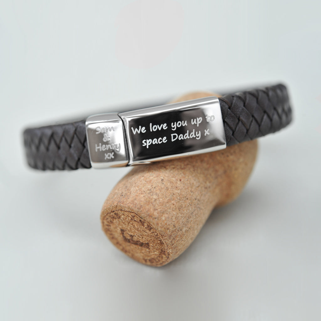 Personalised men's leather engraved bracelet